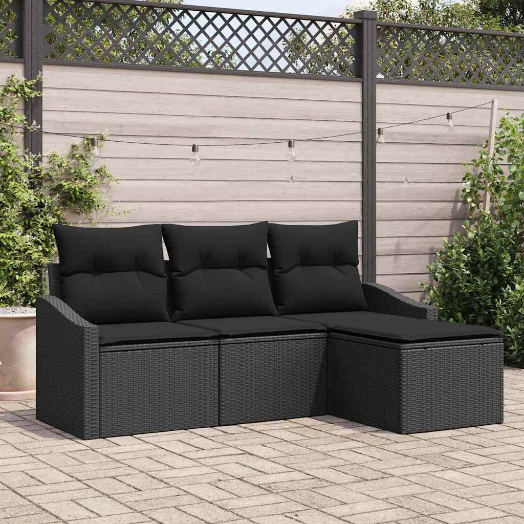 Sofa Set mit Kissen mit Speicher 4 pcs Schwarz Poly-Rattan