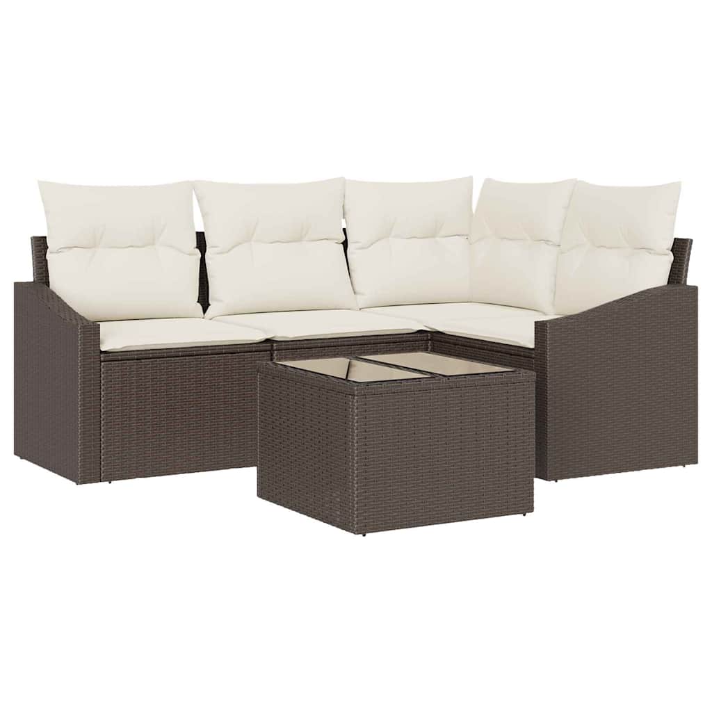 Gartensofa-set mit Kissen 5 pcs Braun und Creme Poly-Rattan