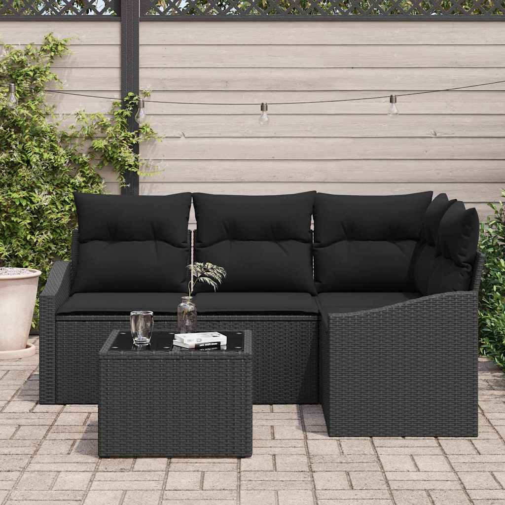 Gartensofa-set mit Kissen 5 pcs Schwarz Poly-Rattan