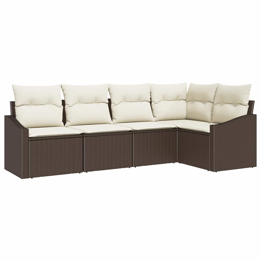 Gartensofa-set mit Kissen 5 pcs Braun und Weiß Poly-Rattan