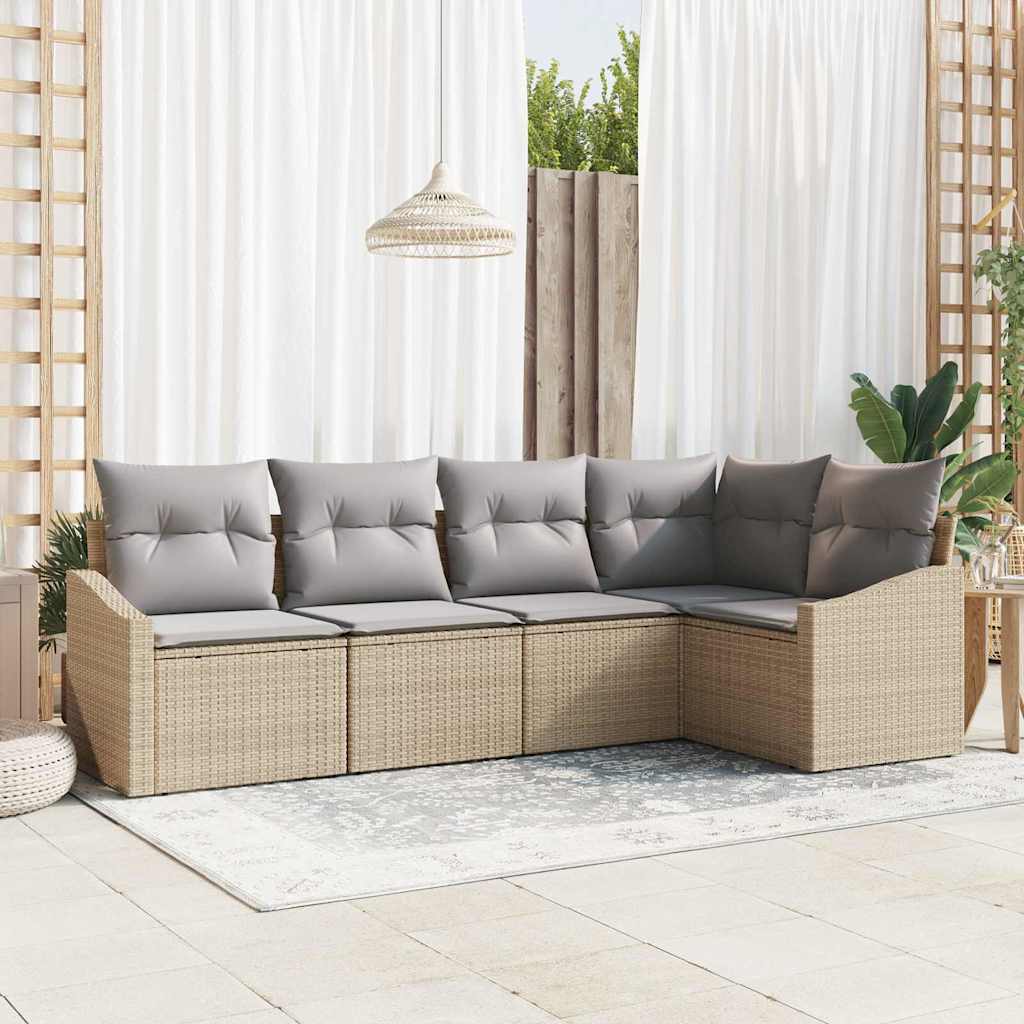 Gartensofa-set mit Kissen 5 pcs Beige und Hellgrau Poly-Rattan
