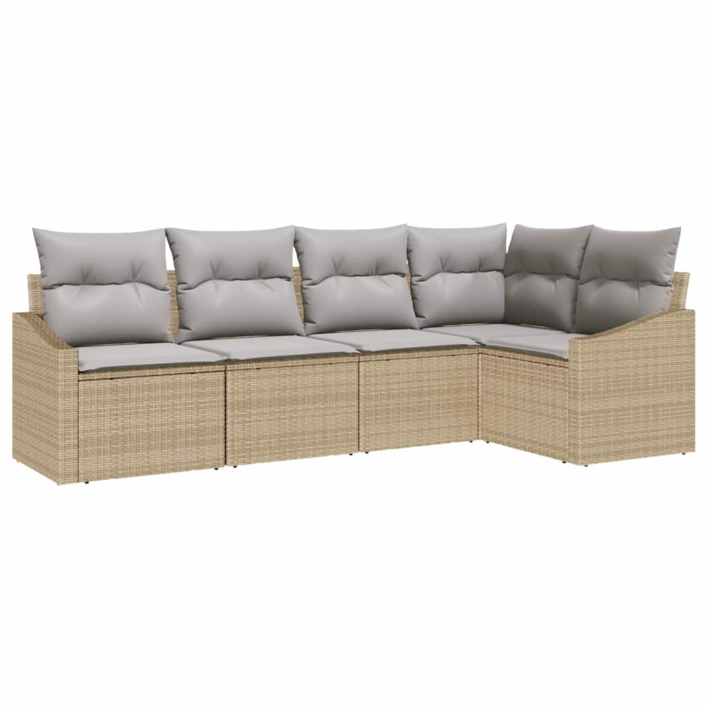 Gartensofa-set mit Kissen 5 pcs Beige und Hellgrau Poly-Rattan