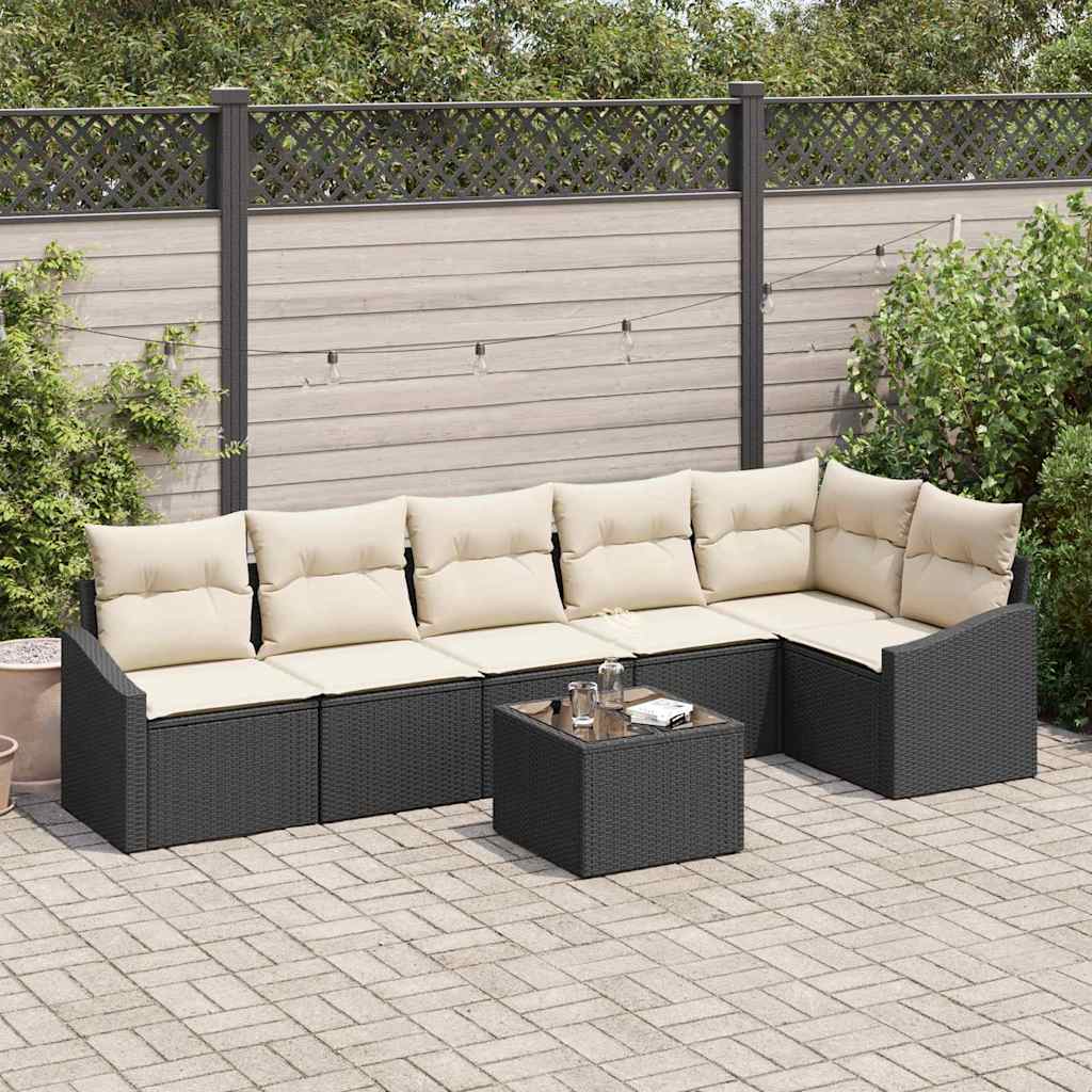 Gartensofa-set mit Kissen 7 pcs Braun und Creme Poly-Rattan