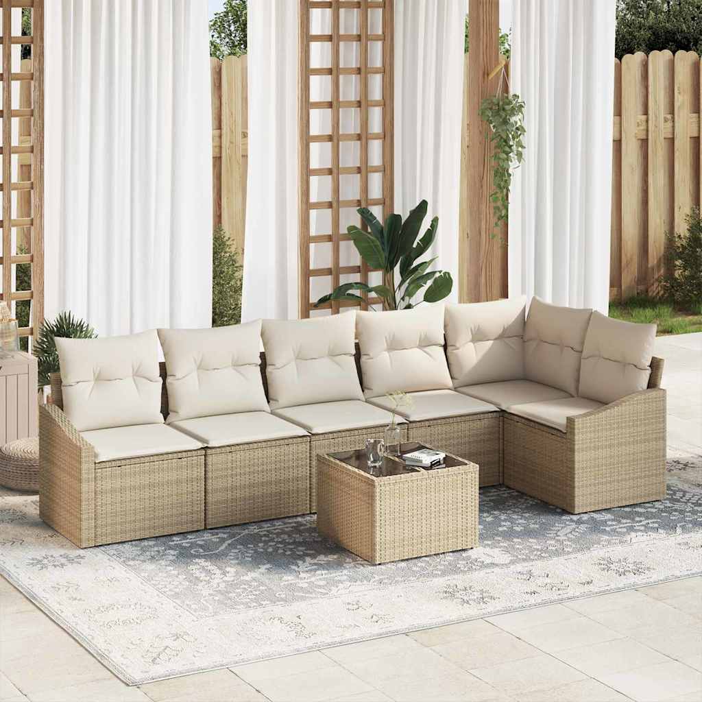 Gartensofa-set mit Kissen 7 pcs Beige und Creme Poly-Rattan