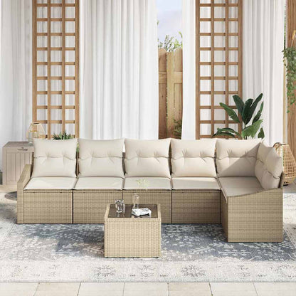 Gartensofa-set mit Kissen 7 pcs Beige und Creme Poly-Rattan