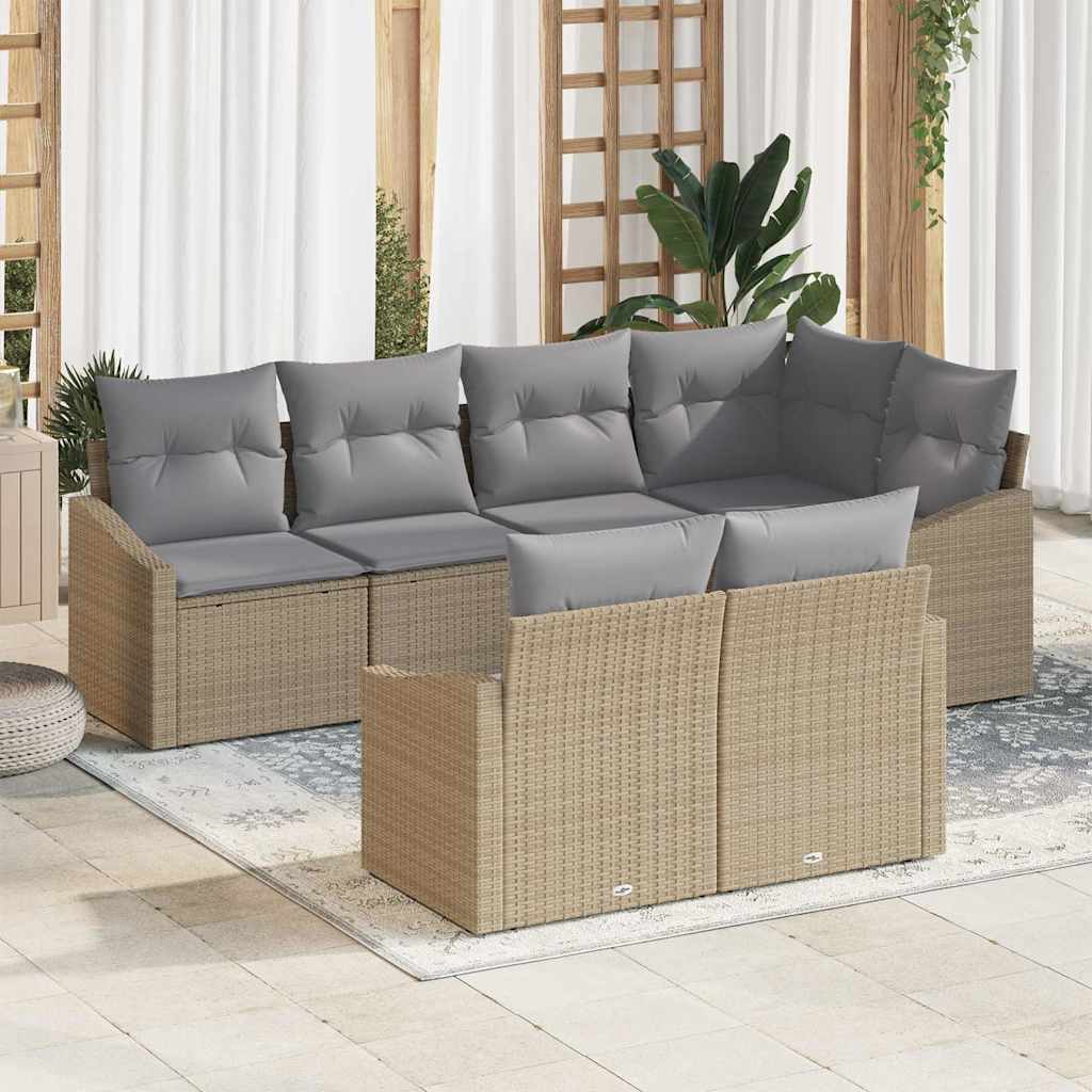 Gartensofa-set mit Kissen 7 pcs Beige und Hellgrau Poly-Rattan