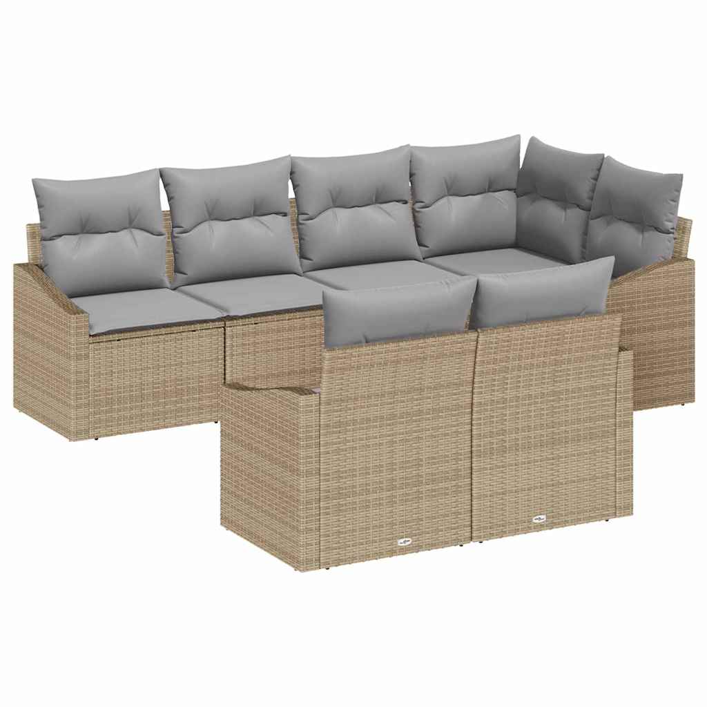 Gartensofa-set mit Kissen 7 pcs Beige und Hellgrau Poly-Rattan