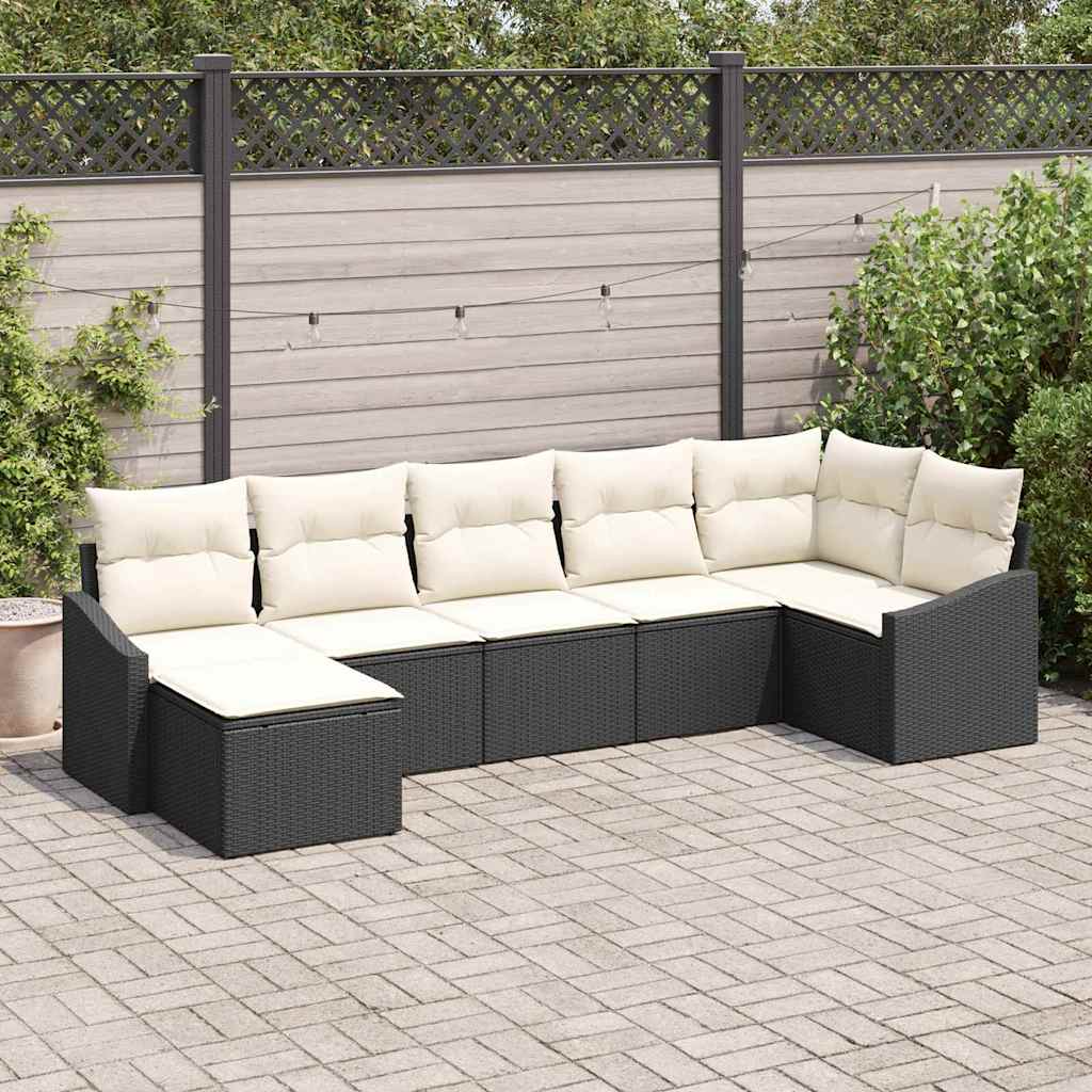 Garten-Sofa-Set mit Kissen 7 pcs Schwarz und Creme Poly-Rattan