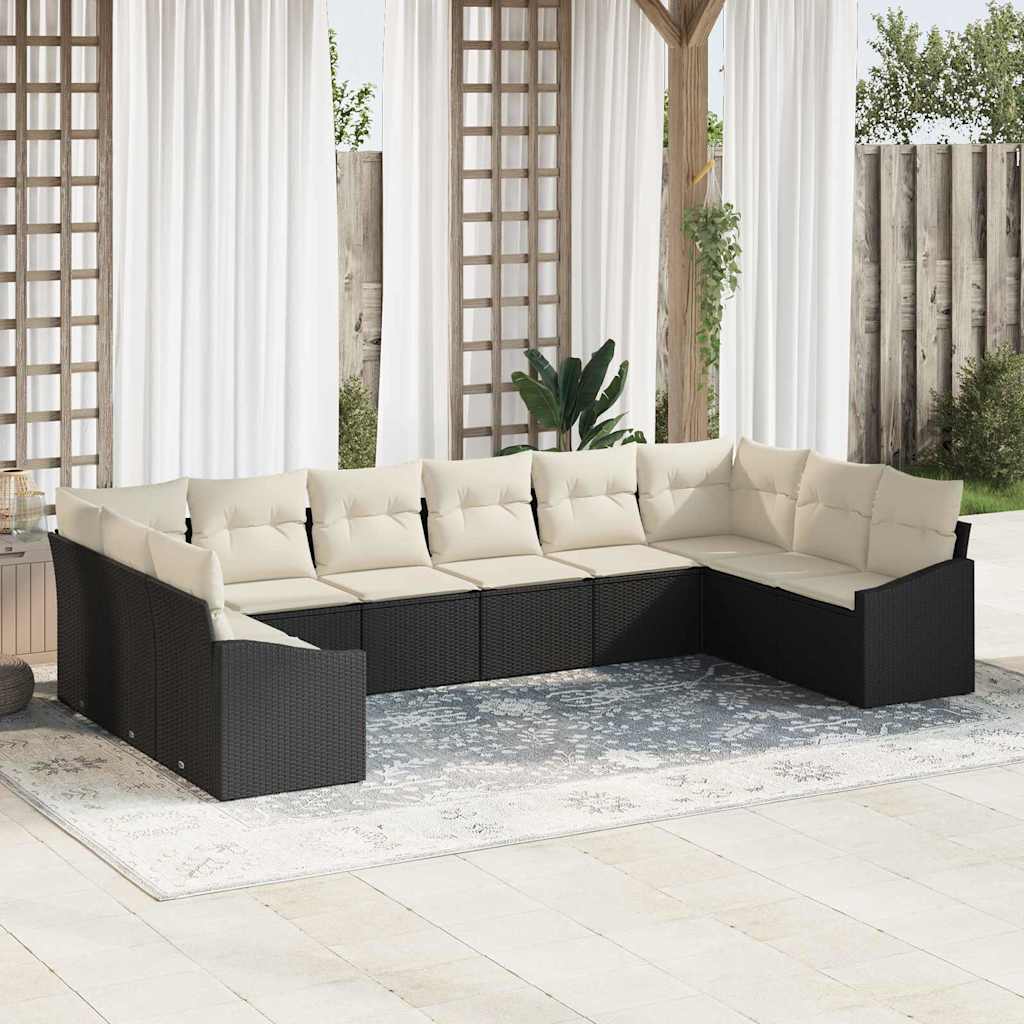 Gartensofa-set 10 pcs Schwarz und Creme Poly-Rattan