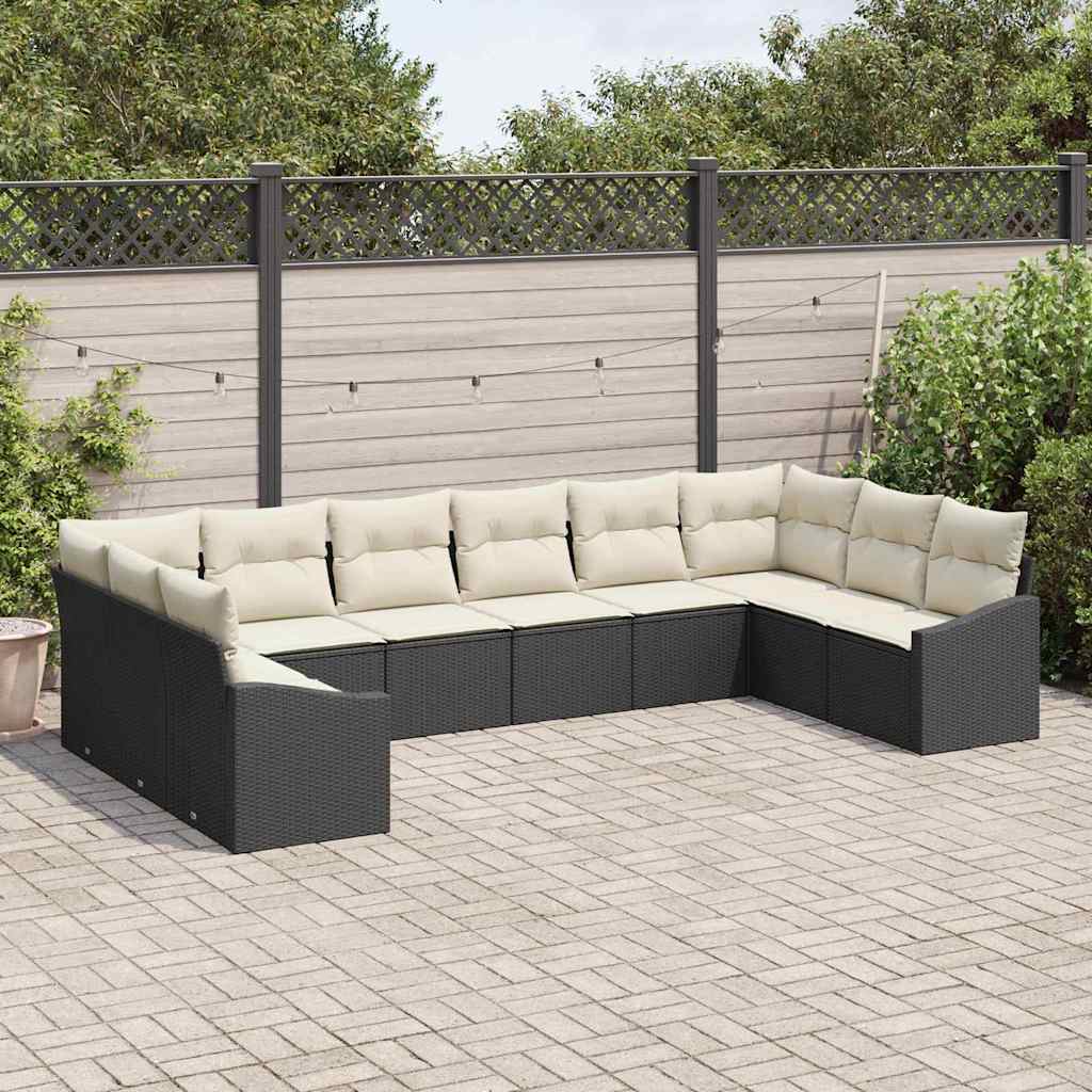 Gartensofa-set 10 pcs Schwarz und Creme Poly-Rattan