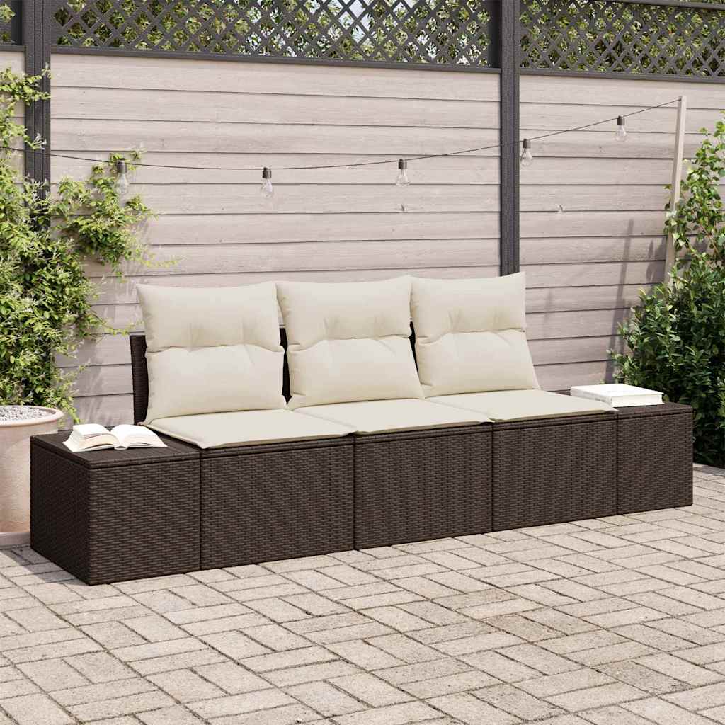 Gartensofa-set mit Speicher 3 pcs Braun und Creme Poly-Rattan