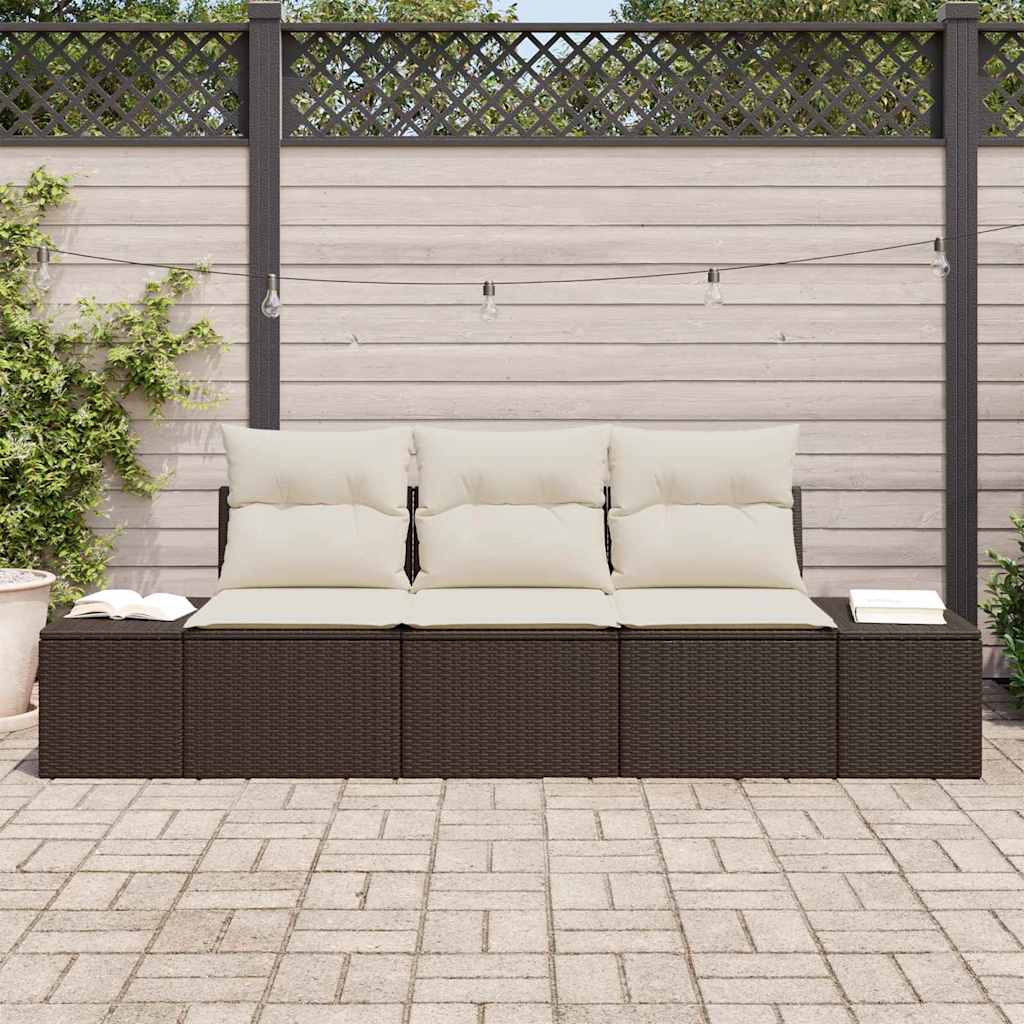 Gartensofa-set mit Speicher 3 pcs Braun und Creme Poly-Rattan