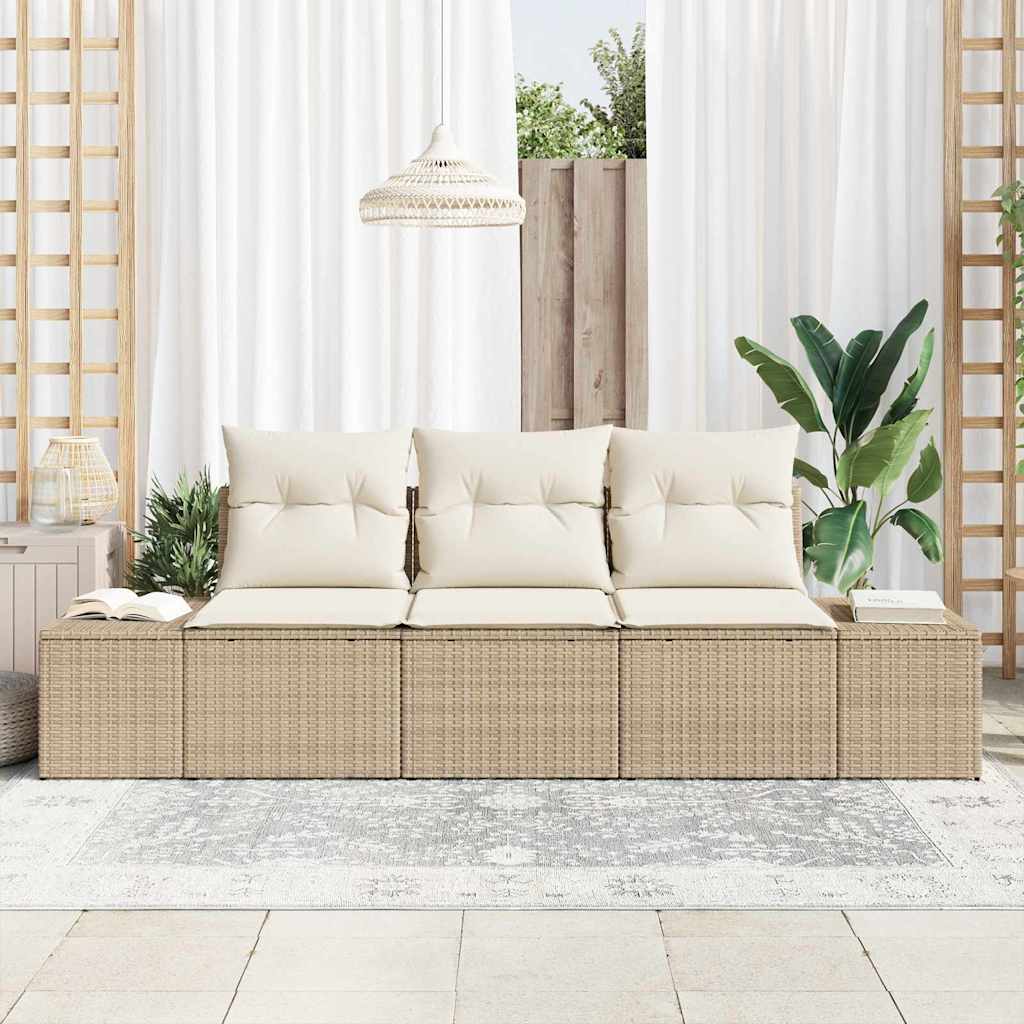 Gartensofa-set mit Speicher 3 pcs Beige und Creme Poly-Rattan
