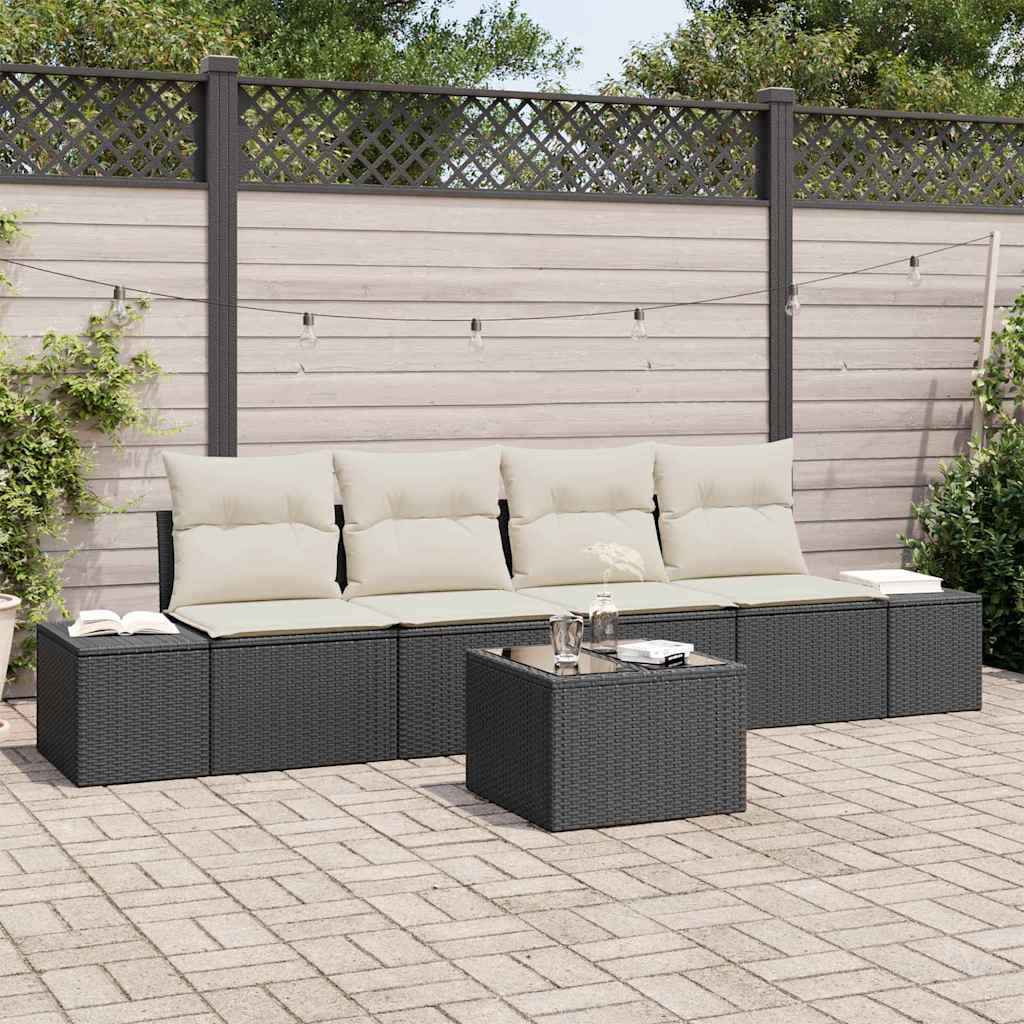 Garten-Sofa-Set mit Kissen 5 pcs Schwarz und Creme Poly-Rattan