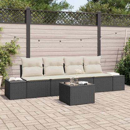 Garten-Sofa-Set mit Kissen 5 pcs Schwarz und Creme Poly-Rattan