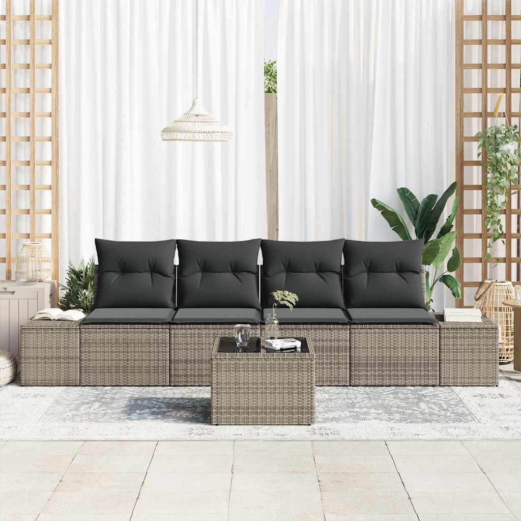 Garten-Sofa-Set mit Kissen mit Speicher 5 pcs Grau Poly-Rattan