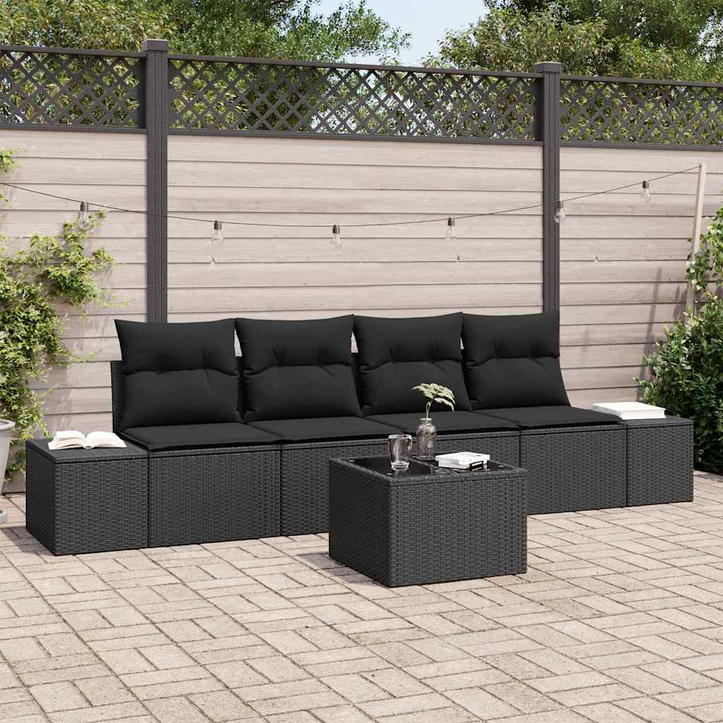 Garten-Sofa-Set mit Kissen 5 pcs Schwarz Poly-Rattan
