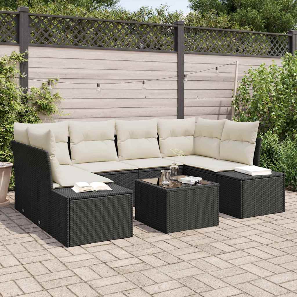 Gartensofa-set mit Kissen 8 pcs Schwarz und Creme Poly-Rattan