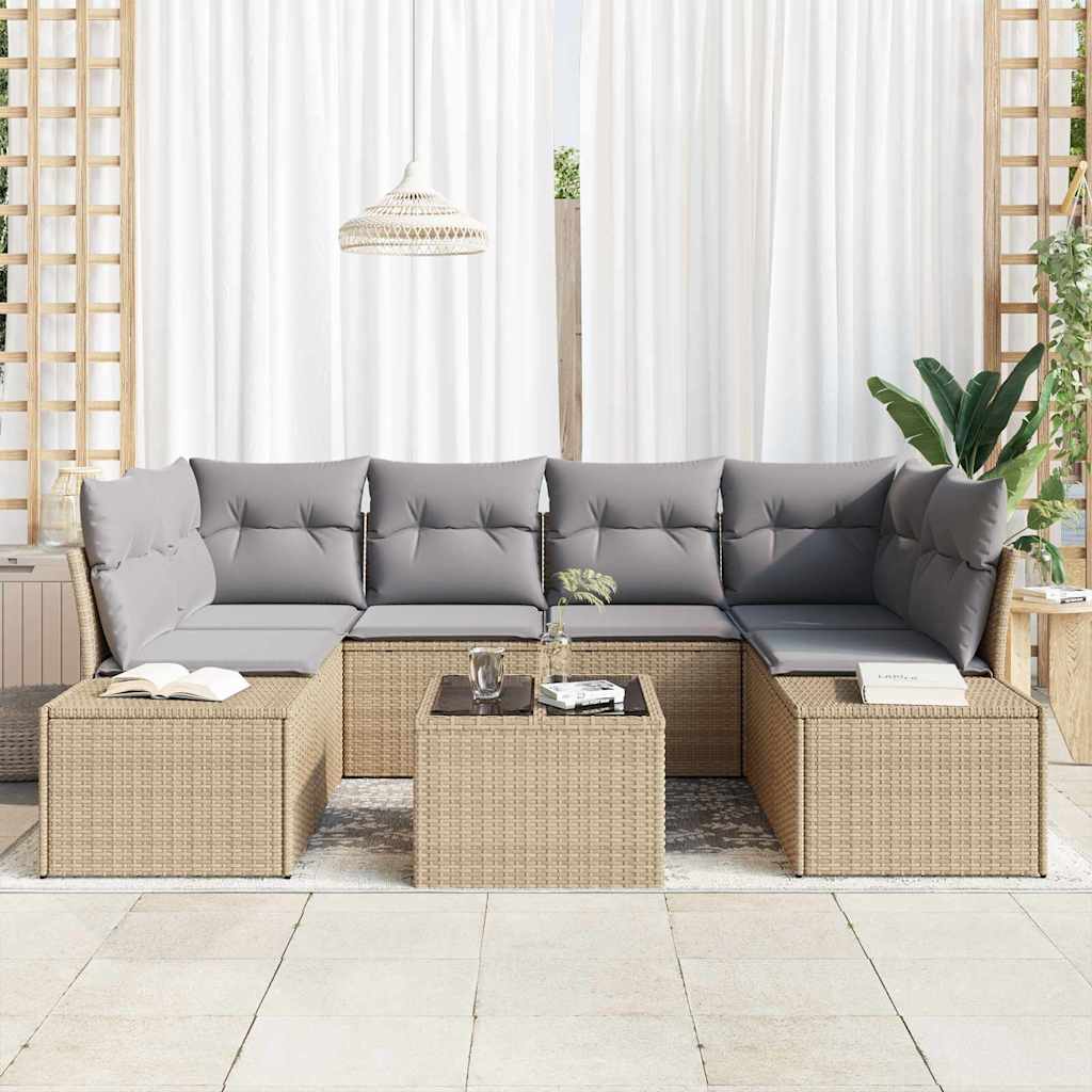 Gartensofa-set mit Kissen 8 pcs Beige und Grau Poly-Rattan