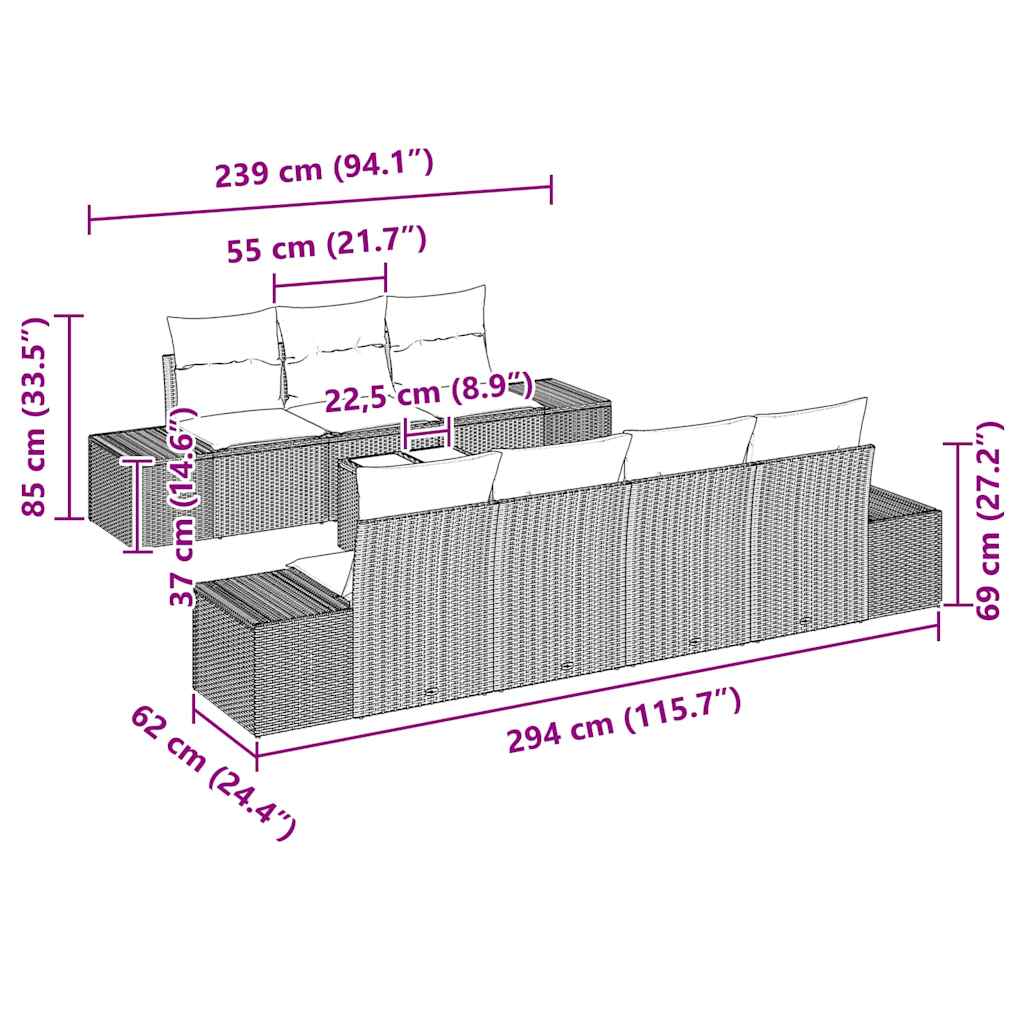 Garten-Sofa-Set mit Kissen mit Speicher 8 pcs Grau Poly-Rattan
