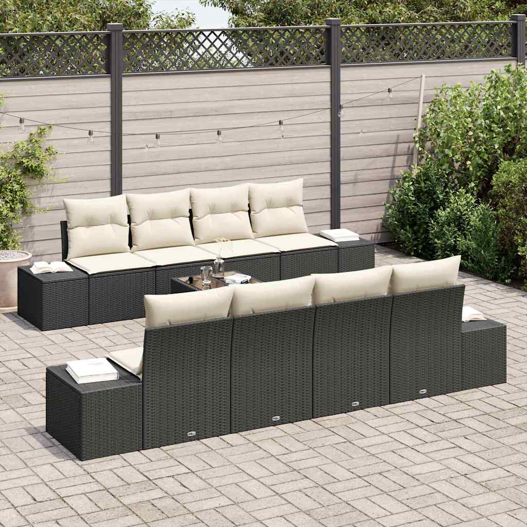 Garten-Sofa-Set mit Kissen 8 pcs Schwarz und Creme Poly-Rattan