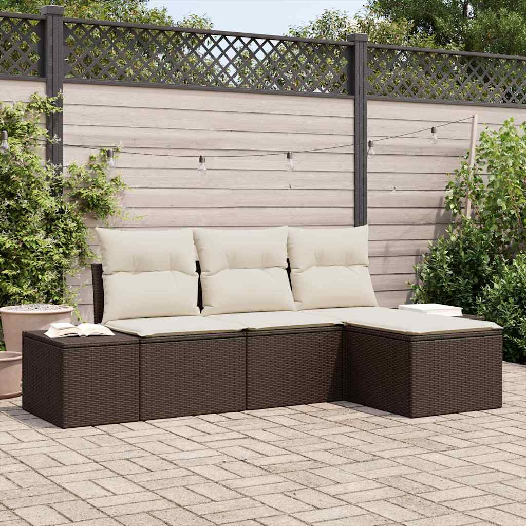 Garten-Sofa-Set mit Kissen 4 pcs Braun und Creme Poly-Rattan