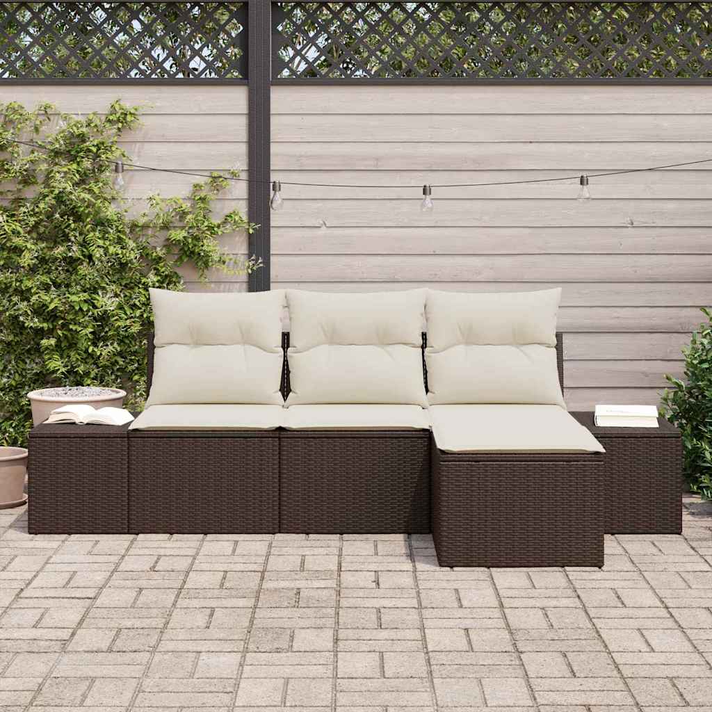 Garten-Sofa-Set mit Kissen 4 pcs Braun und Creme Poly-Rattan