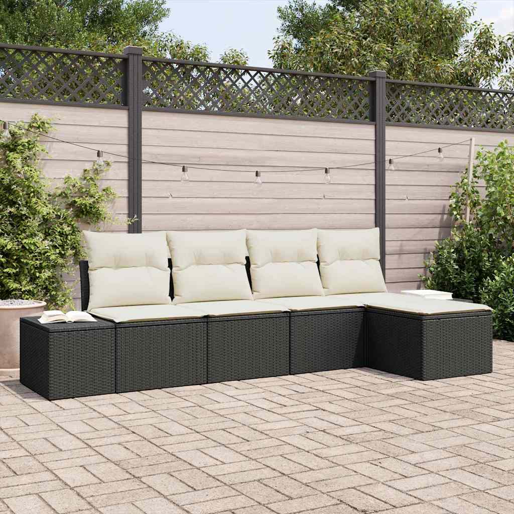 Garten-Sofa-Set mit Kissen 5 pcs Schwarz und Creme Poly-Rattan