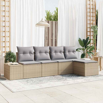 Garten-Sofa-Set mit Kissen 5 pcs Beige und Hellgrau Poly-Rattan