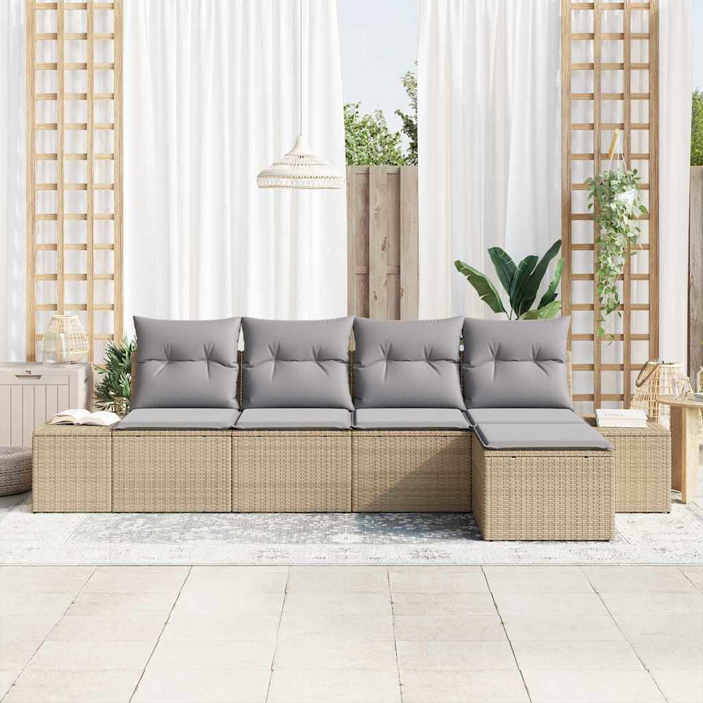 Garten-Sofa-Set mit Kissen 5 pcs Beige und Hellgrau Poly-Rattan