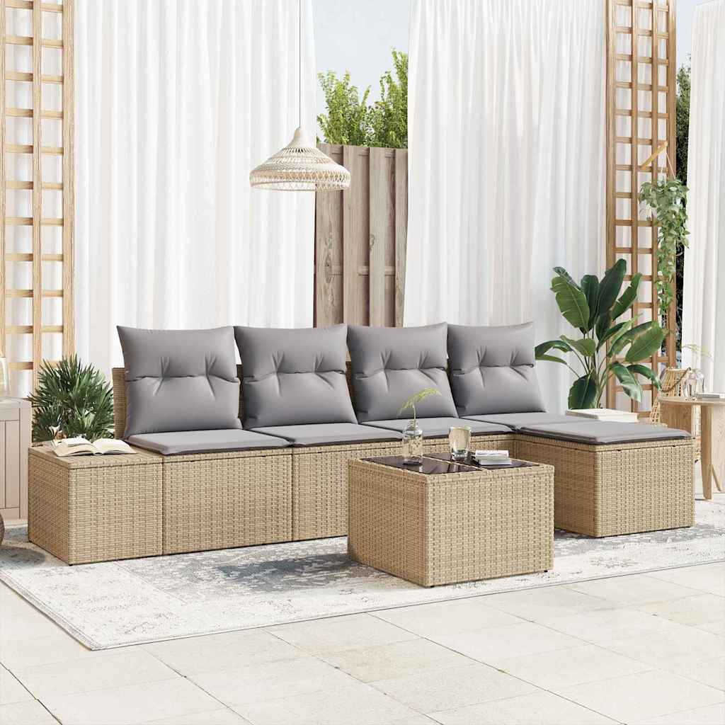 Garten-Sofa-Set mit Kissen 5 pcs Beige und Hellgrau Poly-Rattan