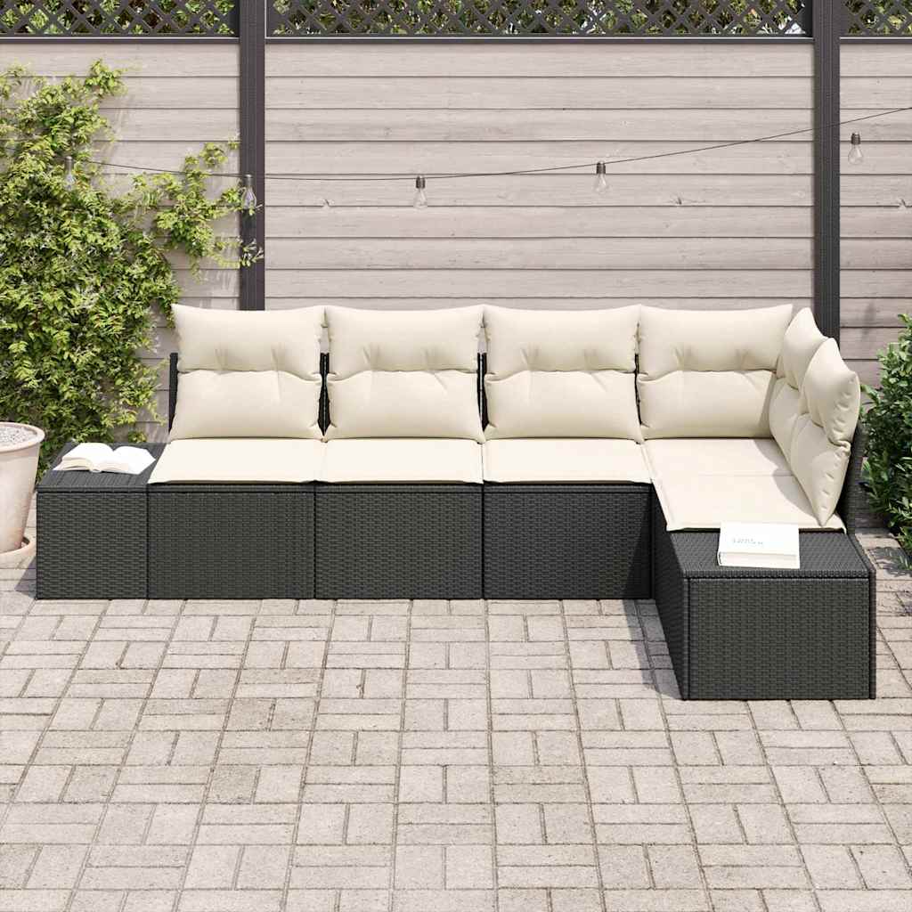 Gartensofa-set mit Speicher 5 pcs Schwarz und Creme Poly-Rattan