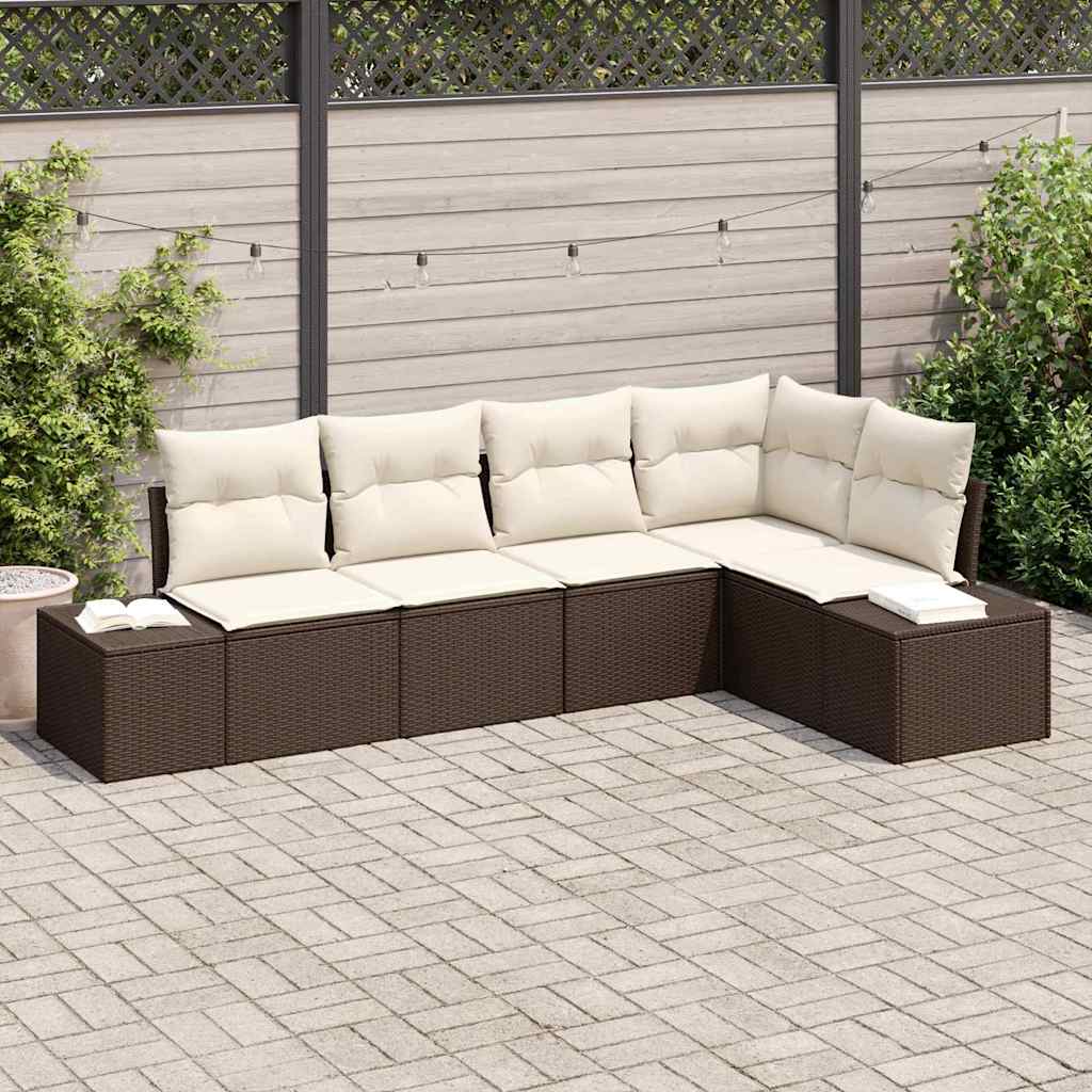 Gartensofa-set mit Speicher 5 pcs Braun und Creme Poly-Rattan
