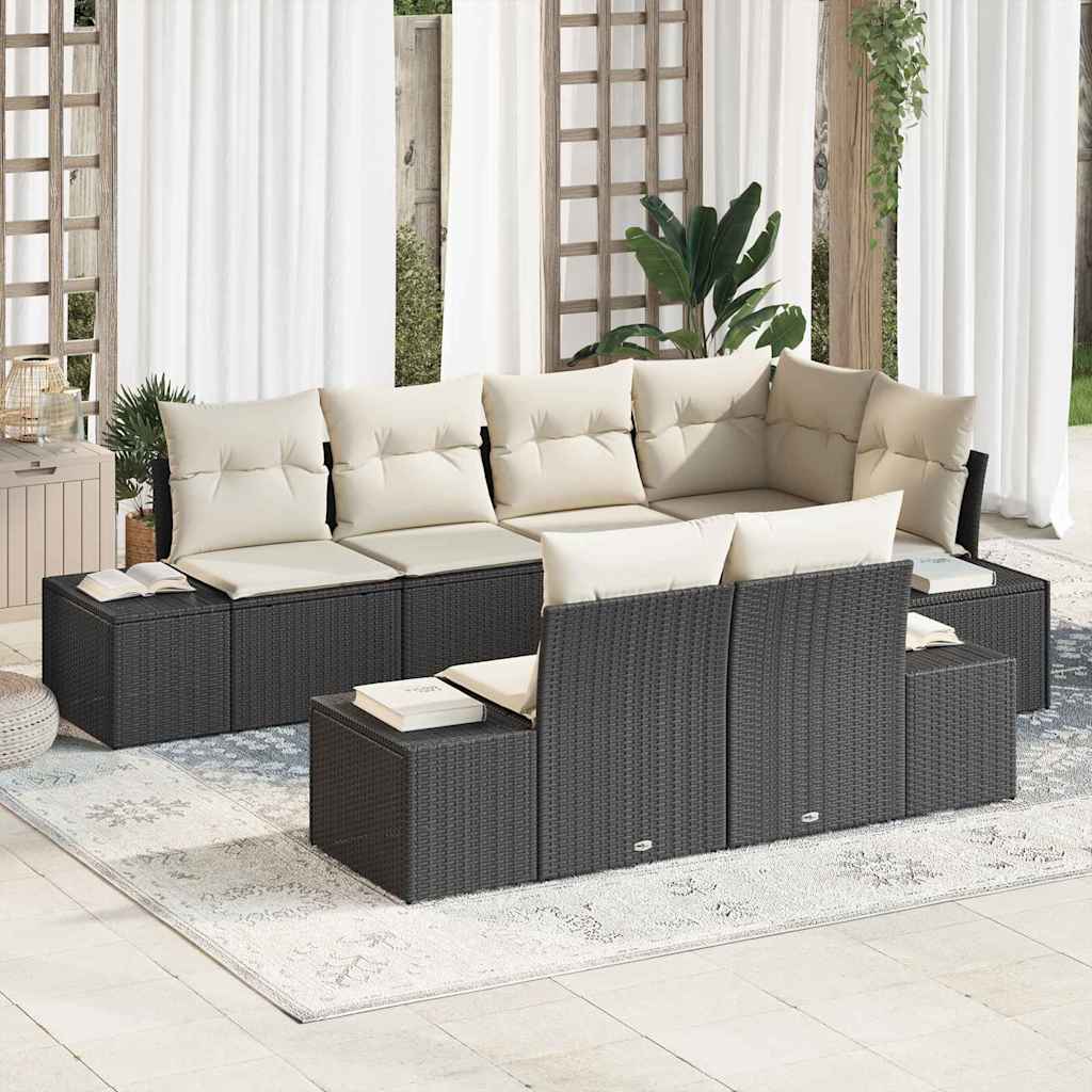 Gartensofa-set mit Speicher 7 pcs Schwarz und Creme Poly-Rattan