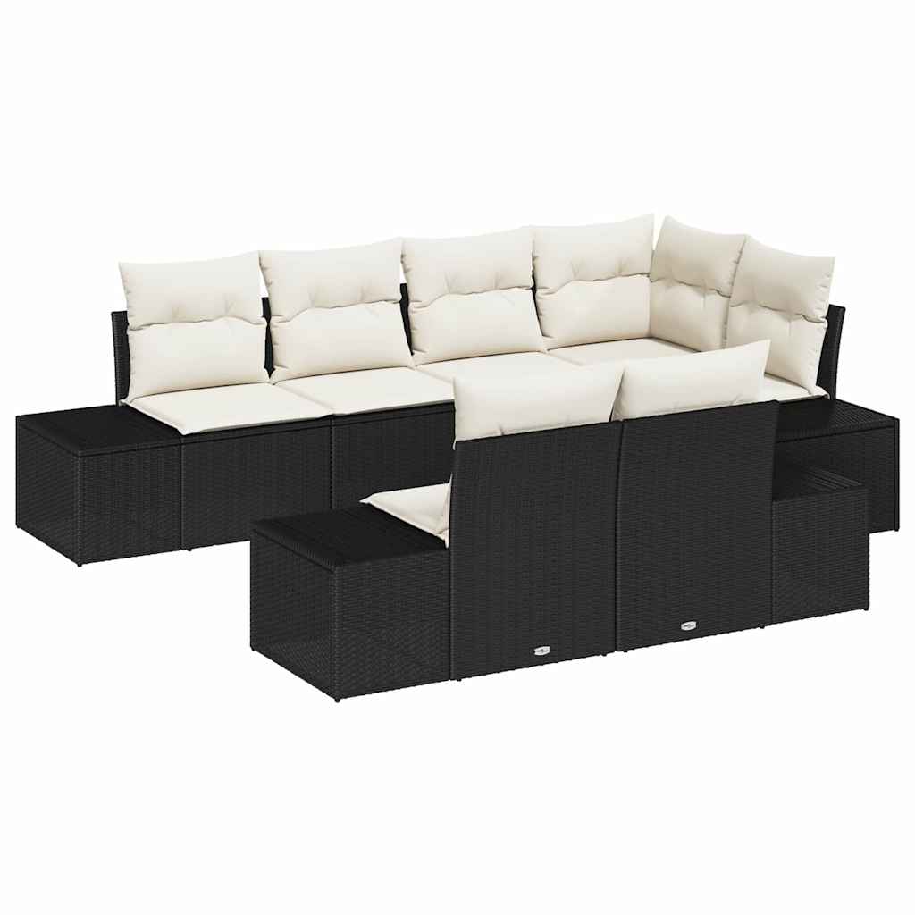 Gartensofa-set mit Speicher 7 pcs Schwarz und Creme Poly-Rattan