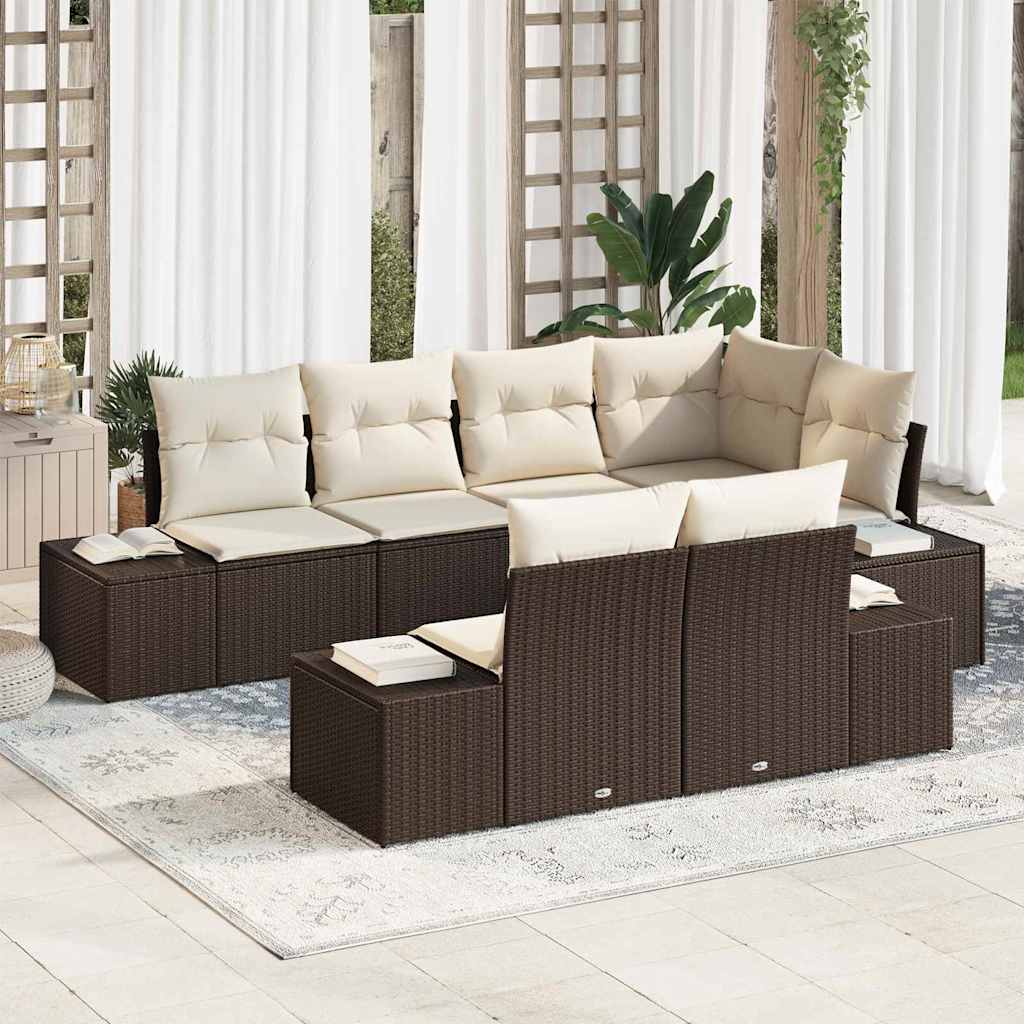 Gartensofa-set mit Speicher 7 pcs Braun und Creme Poly-Rattan