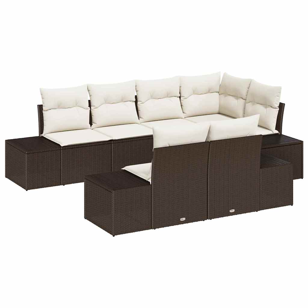 Gartensofa-set mit Speicher 7 pcs Braun und Creme Poly-Rattan