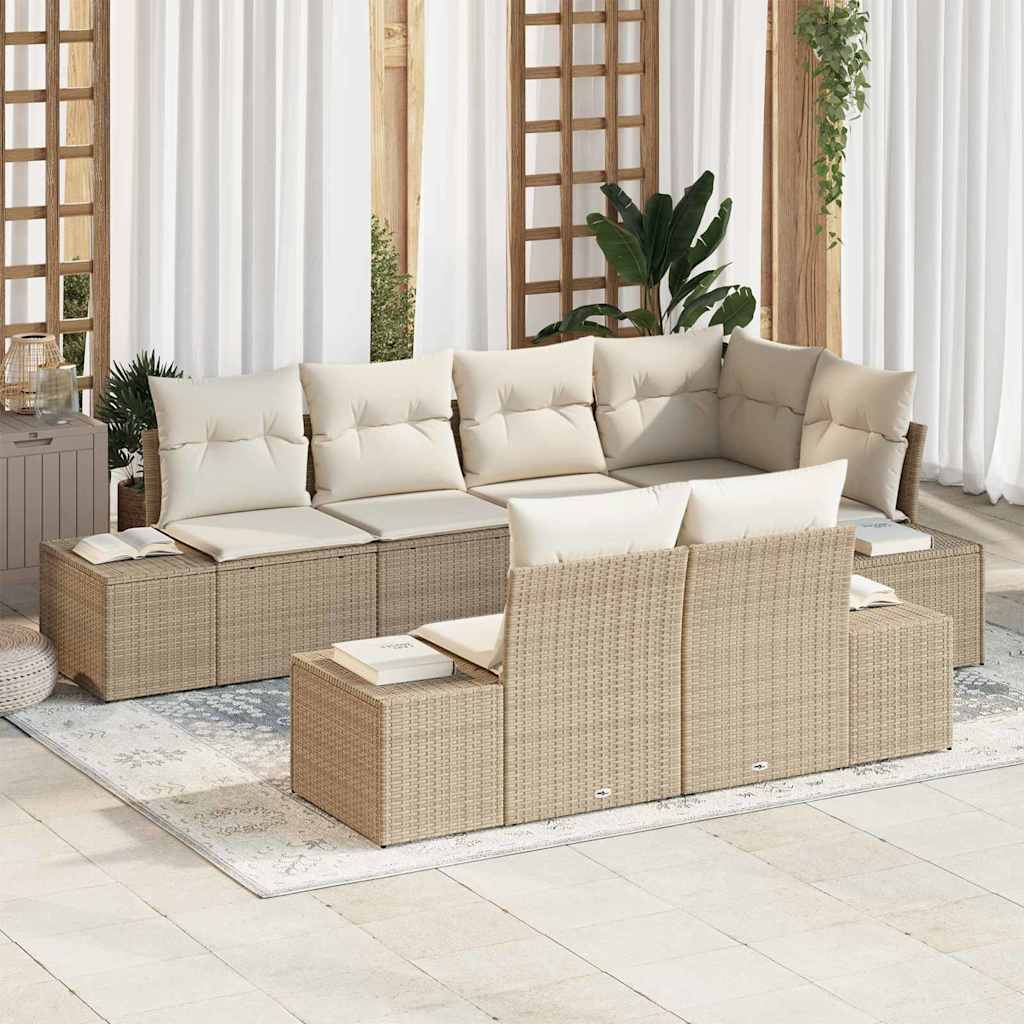 Gartensofa-set mit Speicher 7 pcs Beige und Creme Poly-Rattan