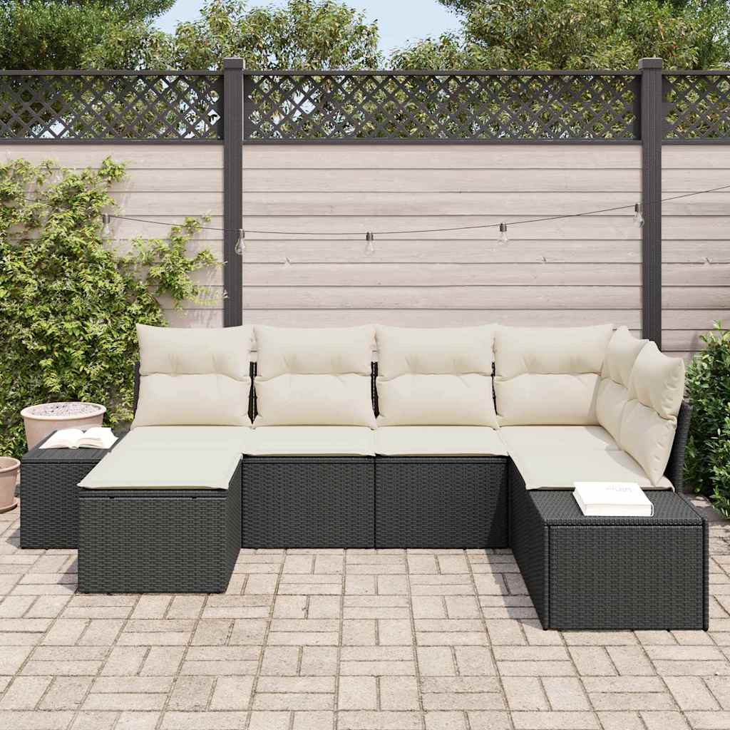 Garten-Sofa-Set mit Kissen 6 pcs Schwarz und Creme Poly-Rattan