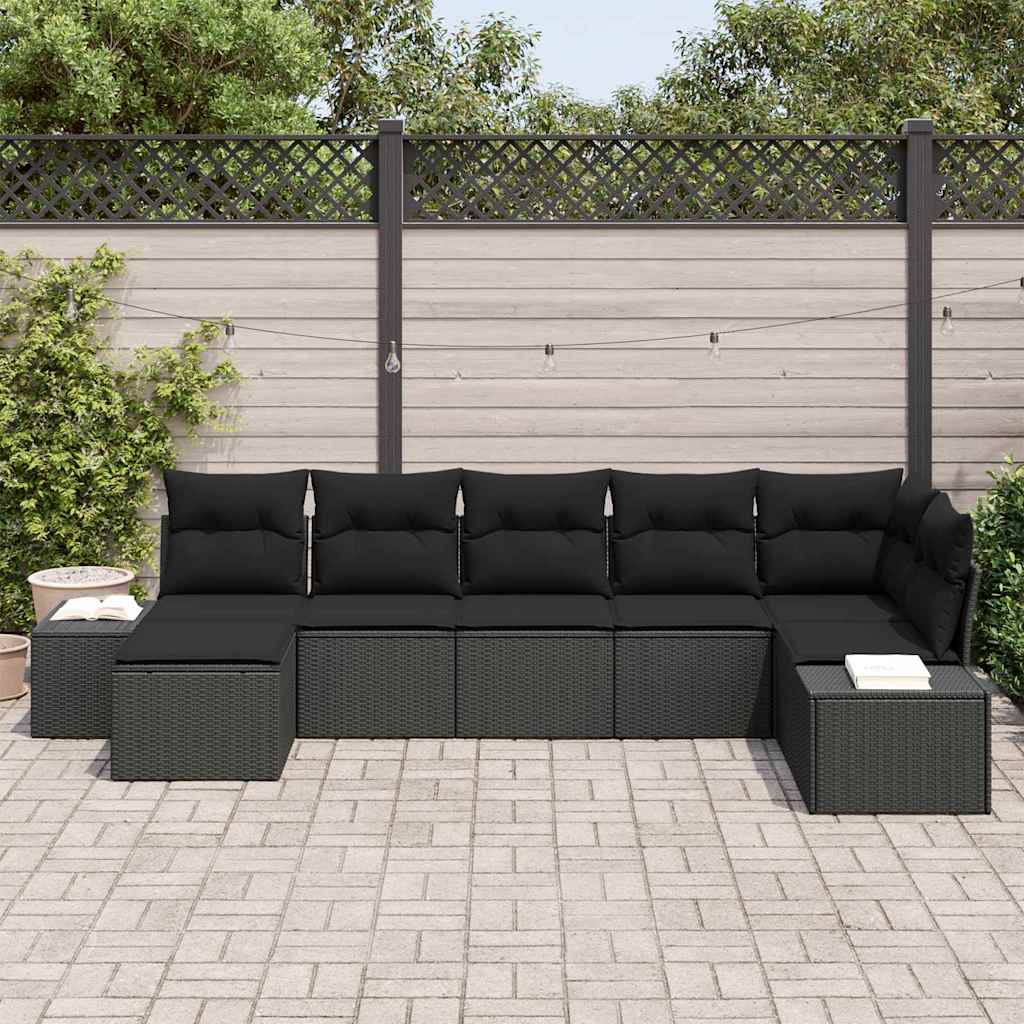 Garten-Sofa-Set mit Kissen 7 pcs Schwarz Poly-Rattan