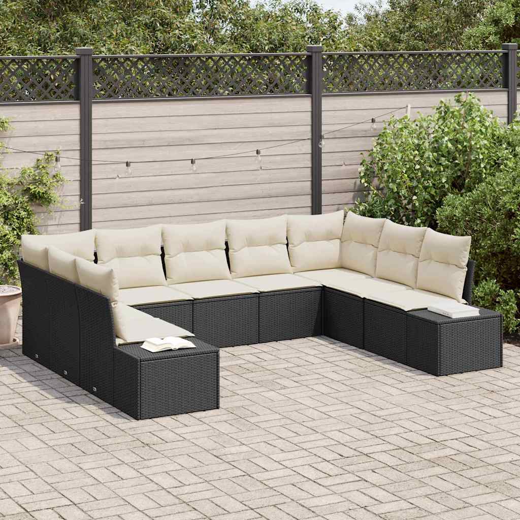 Gartensofa-set mit Kissen 9 pcs Schwarz und Creme Polyrattan