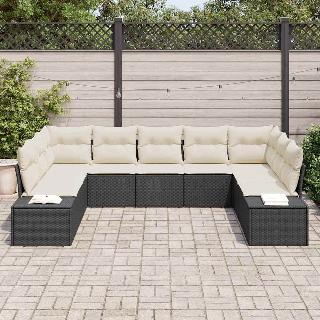 Gartensofa-set mit Kissen 9 pcs Schwarz und Creme Polyrattan