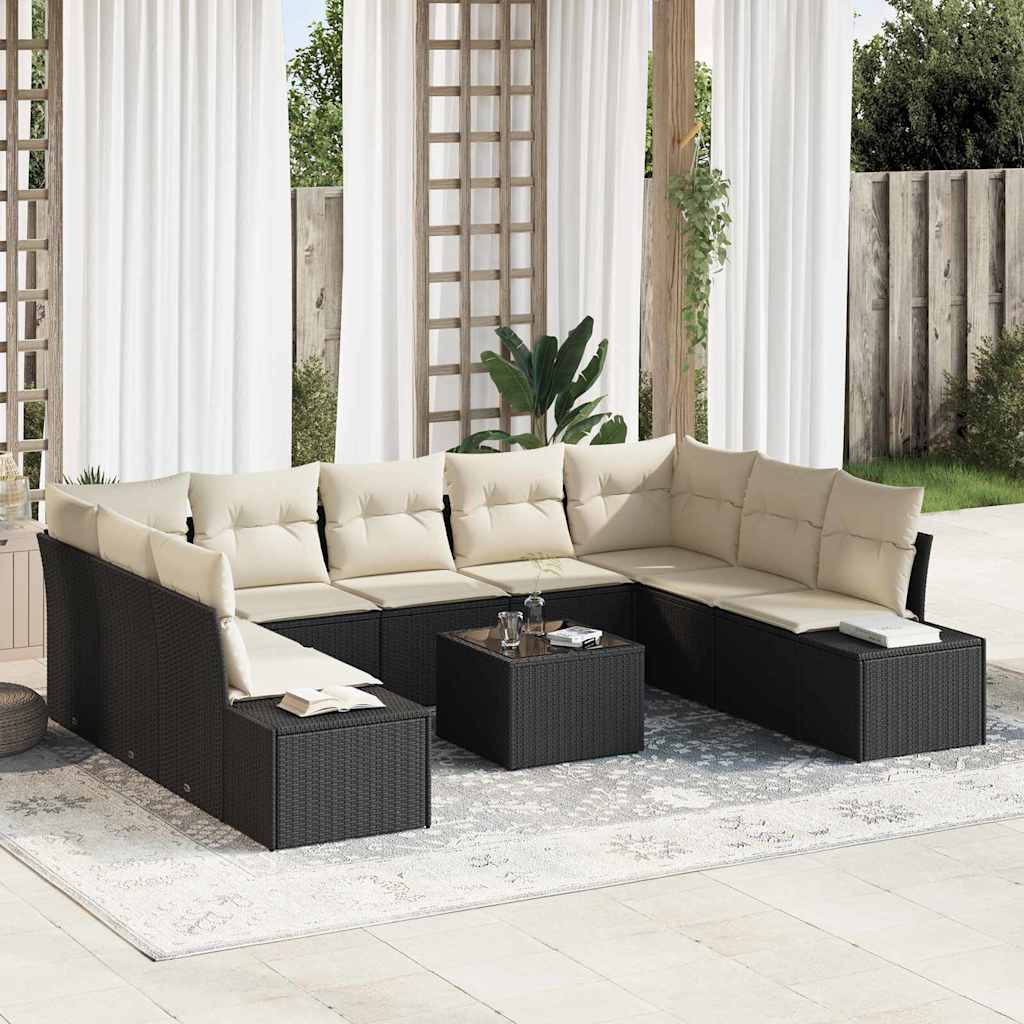 Gartensofa-set mit Kissen 9 pcs Schwarz und Creme Polyrattan