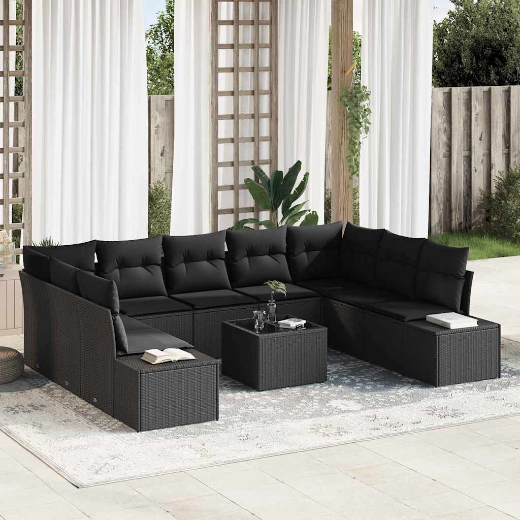 Gartensofa-set mit Kissen 9 pcs Schwarz Polyrattan