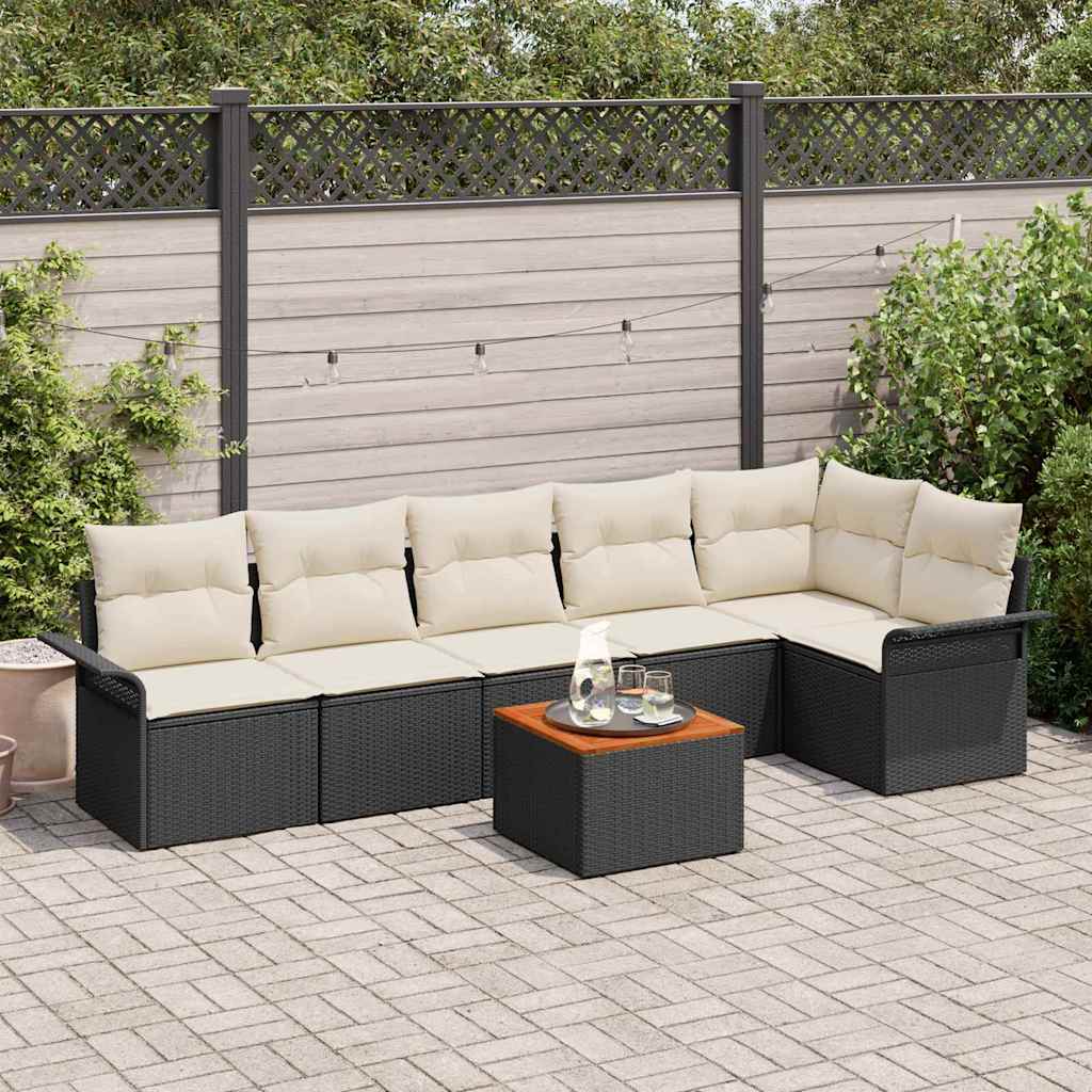 Gartensofa-set mit Speicher 7 pcs Schwarz und Creme Poly-Rattan