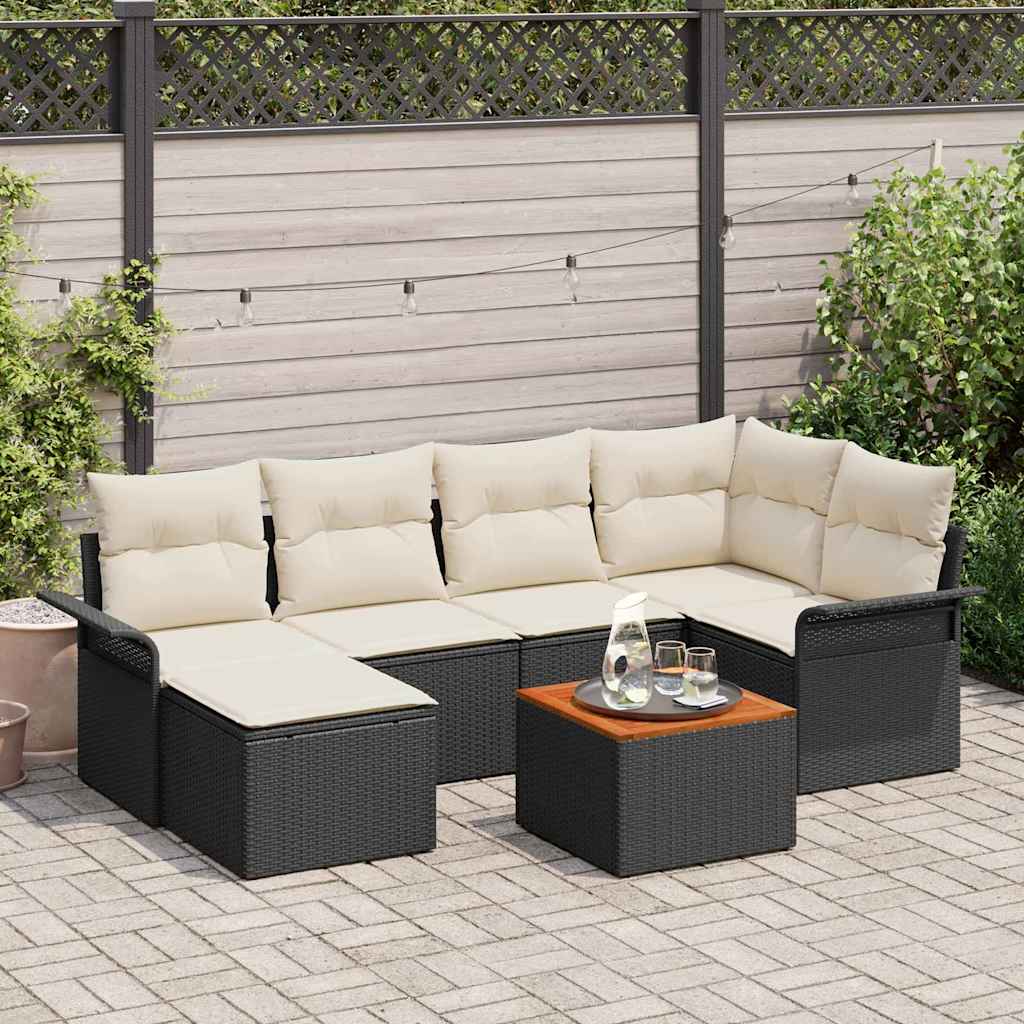 Gartensofa-set mit Speicher 7 pcs Schwarz und Creme Poly-Rattan