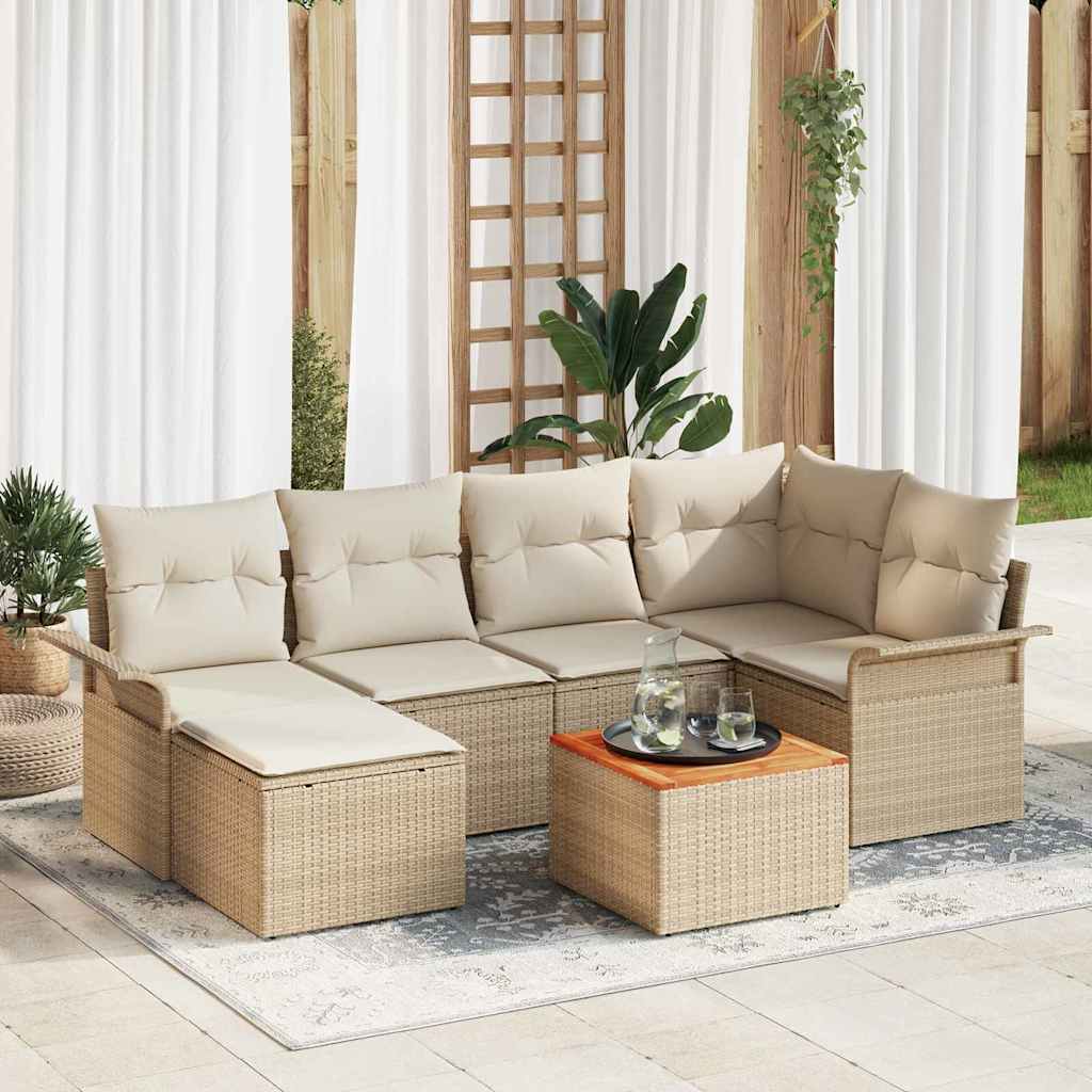 Gartensofa-set mit Speicher 7 pcs Beige und Creme Poly-Rattan