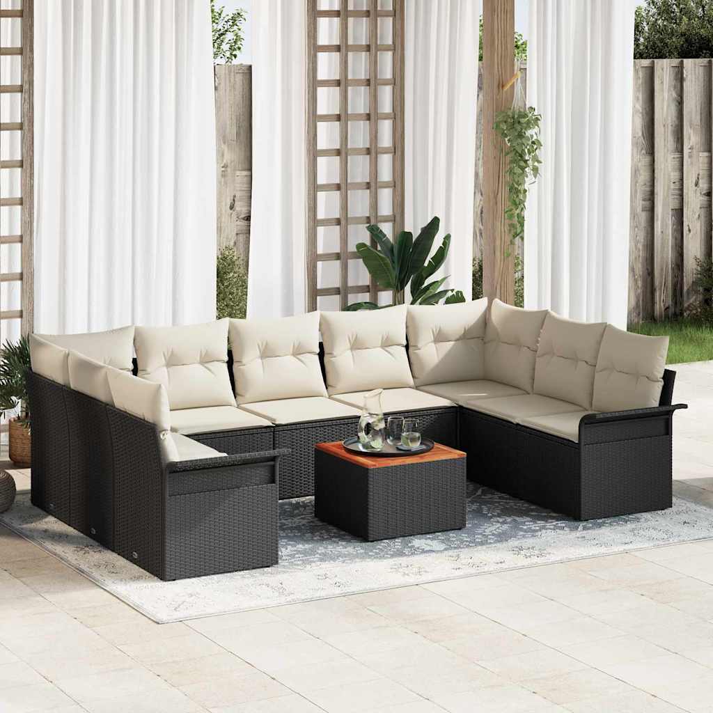 Gartensofa-set 10 pcs Schwarz und Creme Poly-Rattan