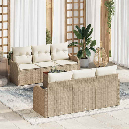 Gartensofa-set mit Speicher 7 pcs Beige und Creme Poly-Rattan