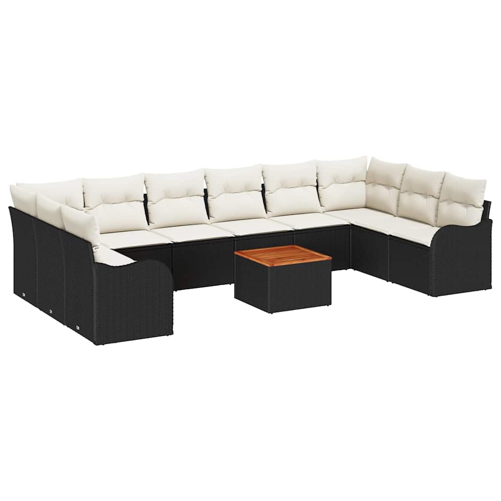 Gartensofa-set 11 pcs Schwarz und Creme Poly-Rattan